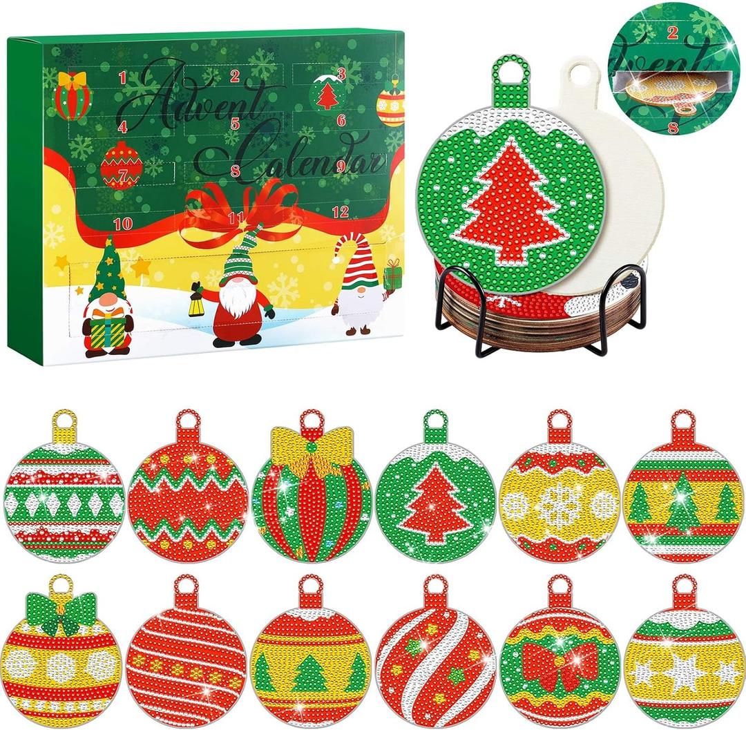 Jinei 12 Days of Christmas Advent 2025 Christmas Ball Diamond Painting Coasters Advent Calendar Art Xmas Ball Tree Bell Coasters Kits with Cork Bases Craft DIY for Adult Women Senior Beginner Supplies