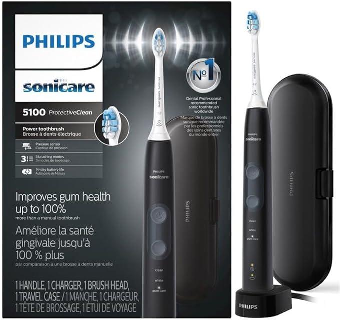 Philips Sonicare ProtectiveClean 5100 Rechargeable Electric Toothbrush, with Pressure Sensor, 3 Cleaning Modes, SmarTimer and QuadPacer, 14Day Battery Life, Travel Case, Black, Model HX6850/60