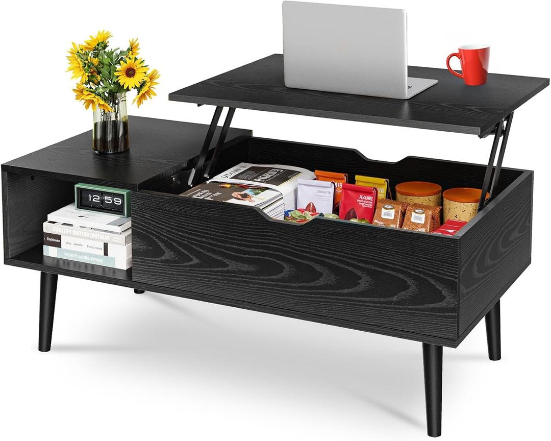 OLIXIS Wood Lift Top Coffee Table with Hidden Compartment and Large Storage Shelf, Lift Tabletop Dining Center Table for Home Living Room Office,  Black, 39.4 inches x 19.7 inches x 17 inches