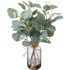 15.74” Artificial Eucalyptus Stems in Glass Vase with Faux Water & Natural Stones, Lifelike Fake Greenery for Modern Farmhouse Home Decor, Bathroom Decor, Office Desk Centerpiece