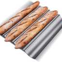 KITESSENSU Nonstick Baguette Pans for French Bread Baking, Perforated 4 Loaves Baguettes Bakery Tray, 15" x 13", Silver