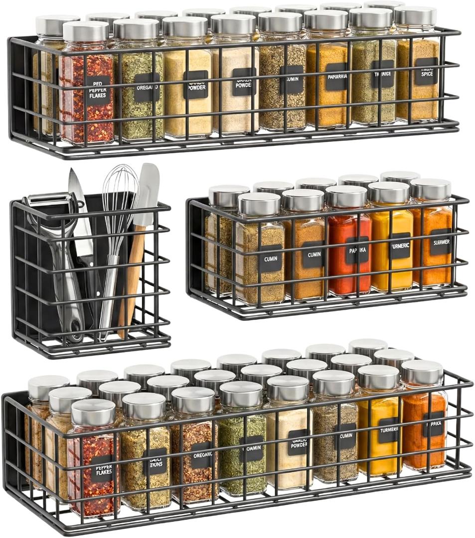 Ofiray-home Magnetic Fridge Shelf, 4-Pack Metal Strong Magnet Rack, Space Saving Spice Organizer, Utensil Holder, Fruit Potato Onion Storage Bins, Black Refrigerator Organizers and Storage