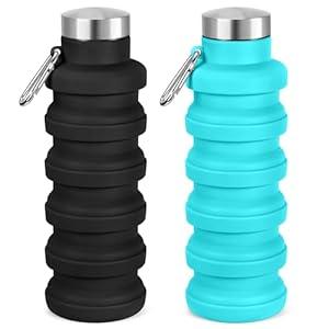 Collapsible Water Bottle, 16oz Portable Reusable Silicone Water Bottle, BPA-Free Leak-Proof Foldable Design with Carabiner, Lightweight Durable for Gym, Travel, Camping, Hiking, Sports (Pack of 2, Black+Blue)