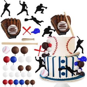 Baseball Cake Topper Baseball Birthday Decoration with Baseball Bat Baseball Glove Baseball Player Red Blue Brown White balls for Baseball Themed Birthday Party