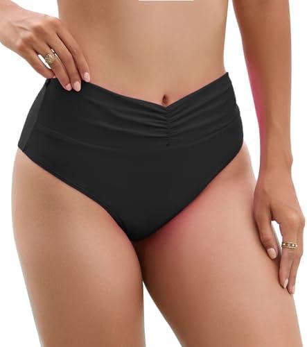 YELAIVP Women's High Waisted Bikini Bottoms Shirred V Cut Swimsuit Bathing Suit Bottom, Large