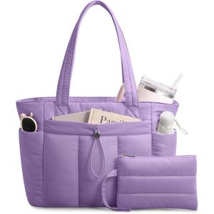 TOPDesign Puffy Tote Bag for Women with Cup Holder & Laptop Compartment & Cosmetic Bag & Trolley Sleeve for Work, Travel