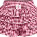 Women's Y2K Gingham Short Elastic Waist Bow Knot Shorts Tiered Layer Ruffle Mini Shorts (XX-Large, Red and White)
