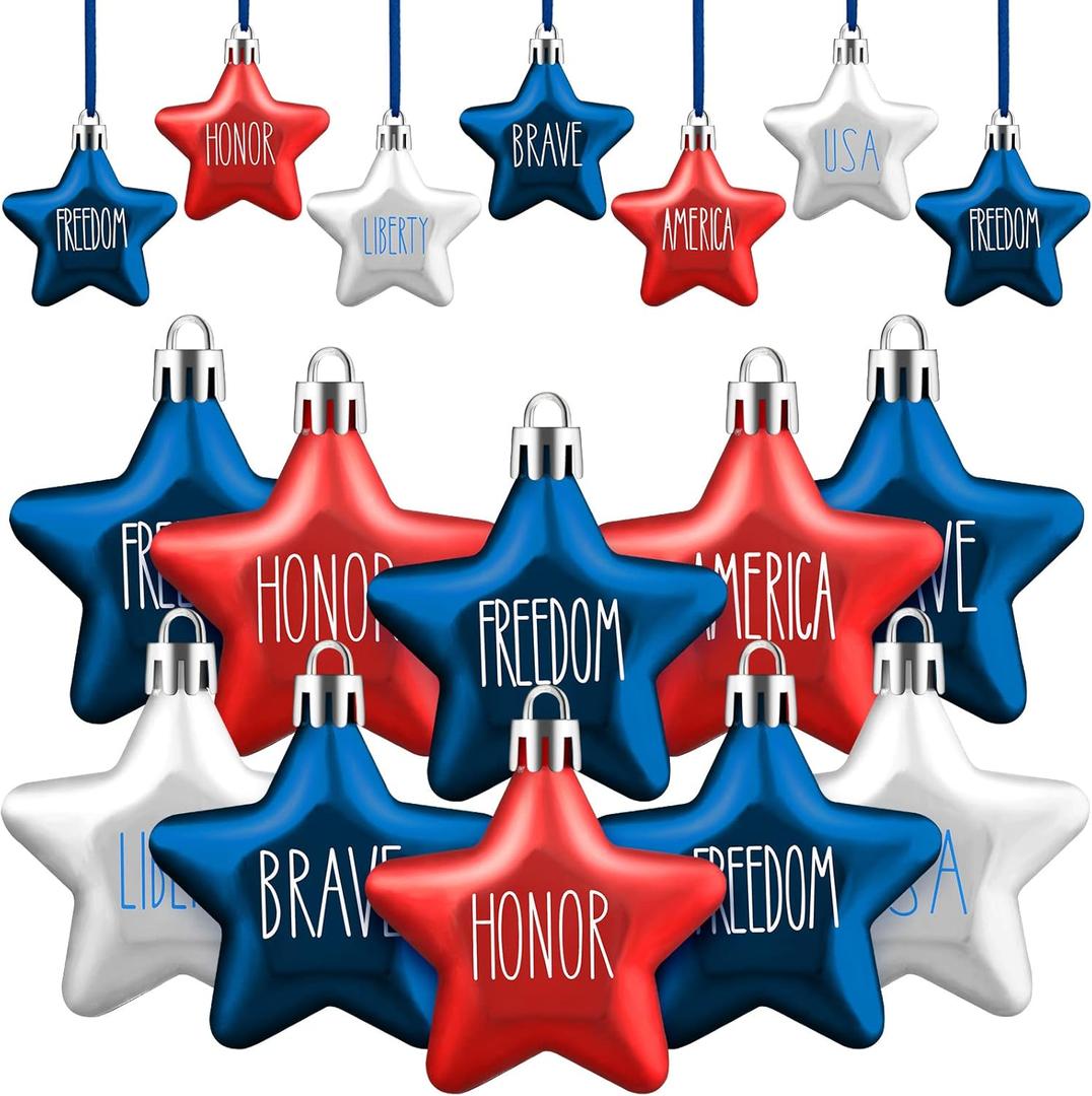 Honoson 48 Pcs 4th of July Hanging Ornaments Patriotic Star Tree Decorations Star Memorial Day Hanging Ornament Red Blue White 250th Anniversary Mini Decorations for Tree (Red,Navy Blue,Silver)