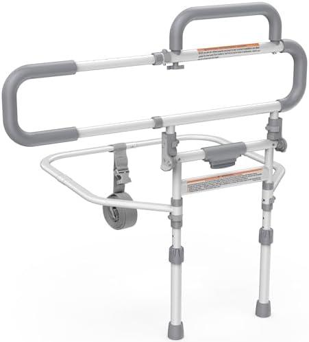 Lemagalu Heavy Duty Bed Rails for Elderly Adults Safety-Foldable Bed Rail for Senior with Adjustable Heights Fits All Bed Sizes，Bed Handle Bedside Assist with Pocket -504M (White and Gray)