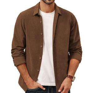 PJ PAUL JONES Mens Corduroy Button Down Shirt Jacket Casual Long Sleeve Shacket Lightweight Textured Untucked Shirts (Brown, XL)