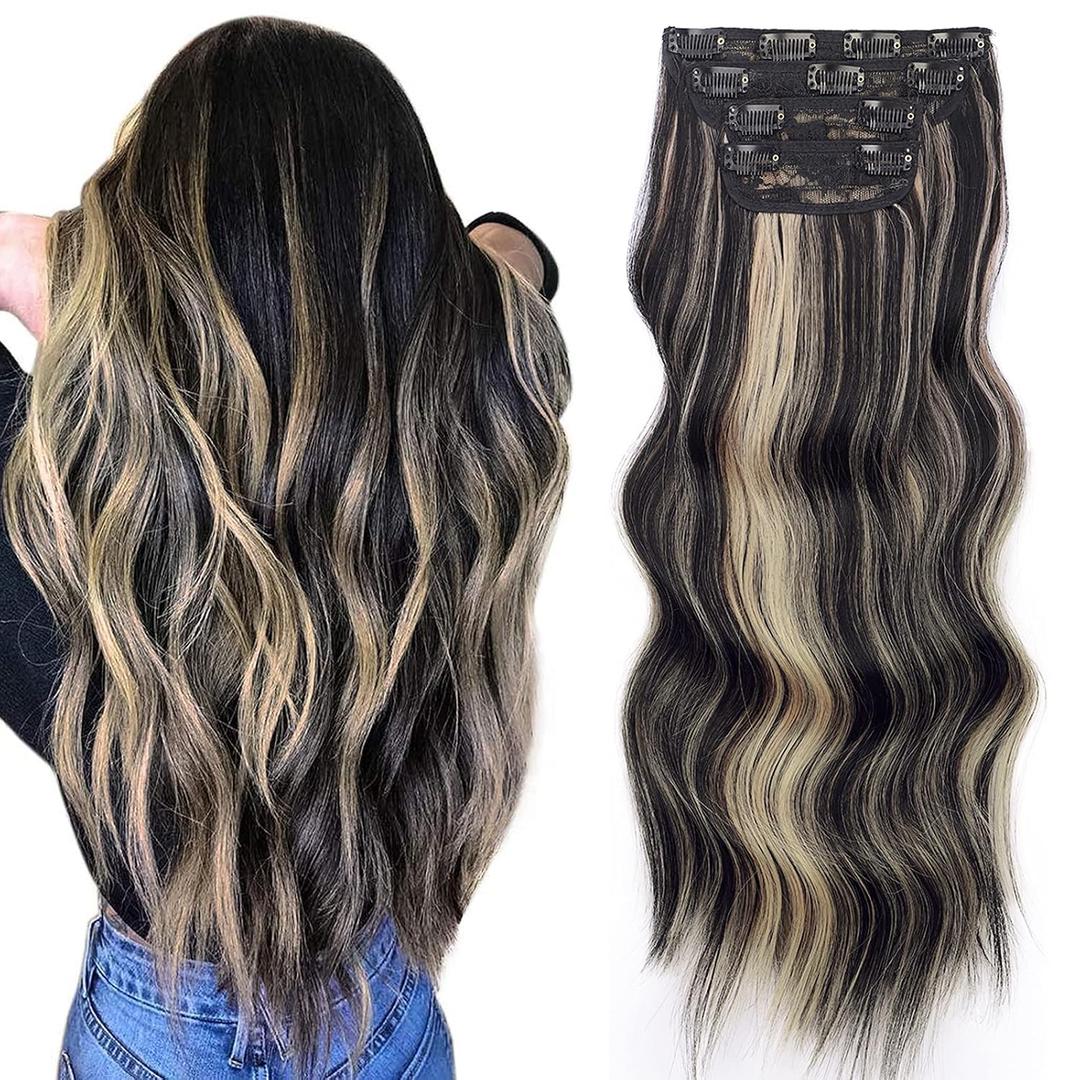 Vigorous Clip in Hair Extensions 20 Inch Black Mix Blonde Long Hair Extensions Clip Ins 4PCS Soft Synthetic Hairpieces for Women
