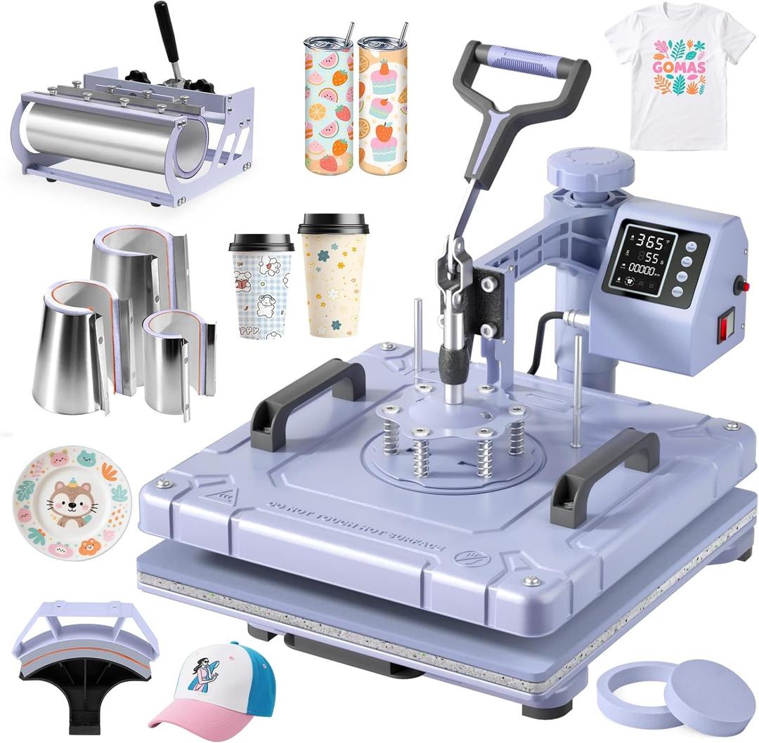 Slendor 8 in 1 Heat Press Machine 15x15 inch 360-Degree Swing Away Digital T Shirt Pressing Machine Multifunction Heat Transfer Sublimation Combo for T Shirts Mugs Hat Plate Cap, Lavender