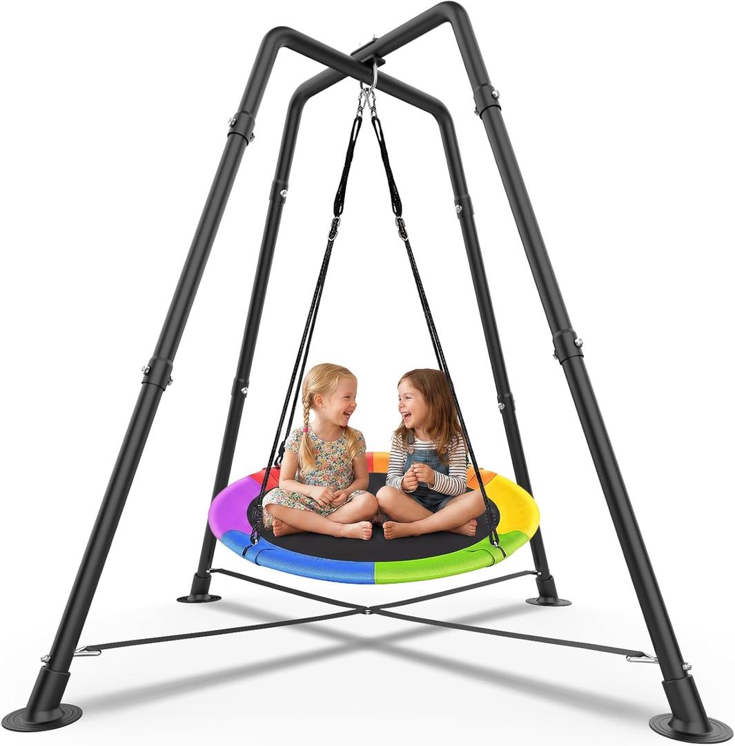 Swing Set with 35'' Saucer Swing, Sensory Swing Set, Metal 32mm Diameter Swing Stand with Saucer Swing, X-Shaped Swing Frame, w/4 Ground Stakes, for Indoor and Outdoor 330LBS (Multicolor)