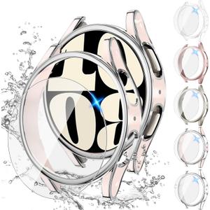 Tensea [5+5Pack for Samsung Galaxy Watch 6 Screen Protector Case 44mm Accessories, Hard PC Bumper/HD Anti-Fog Tempered Glass Protective Film, Face Cover Set, Galaxy Watch 6 Case for Women Men (Clear/Pink Gold/Starlight/Pink-Silver/White-Silver)