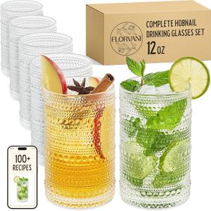12 Oz Hobnail Drinking Glasses Set of 6 - Clear Multipurpose Glassware Sets, Decorative & Stylish Glasses Drinking Set for Bar, Kitchen, Cocktail Glassware, Garden - Home, Dining, & Kitchen