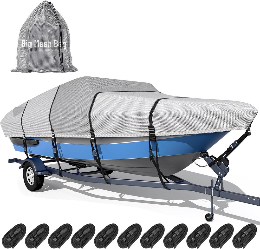 1600D + 1200D Boat Cover with 2" Wide Loops for Trailering and Mooring - Ultra Durable Waterproof Fits 20-22ft Tri-Hull, V-Hull, Runabout, Fish & Ski Boat, Bass Boat, with Storage Bag