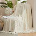 Amlie Home Knit Throw Blanket with Tassels for Couch, Luxury Boho Throw Blanket for Summer Ivory, 50"x60"