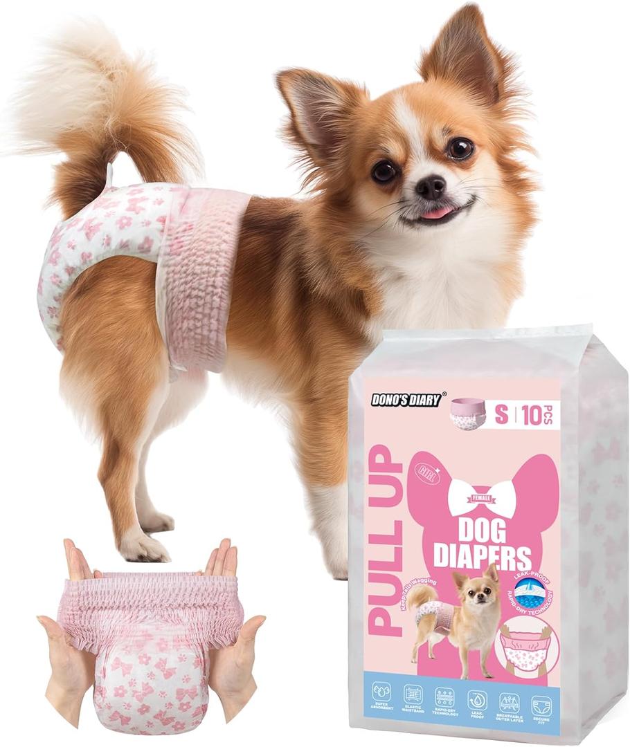 Dono Disposable Pull It Up Female Dog Diapers, 360 Stretchy Waist Puppy Diapers, Super-Absorbent Doggie Diapers with Rapid-Dry Technology Leak-Proof Design for Doggy in Heat Period, Small, 10 Pcs