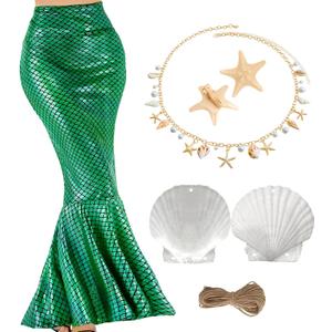 7PCS Summer Mermaid Costume Women Beach Sequin Shiny Skirt Sea-Maid Tail Swimsuit Cover up Shell Necklace Hair Clip (Green)