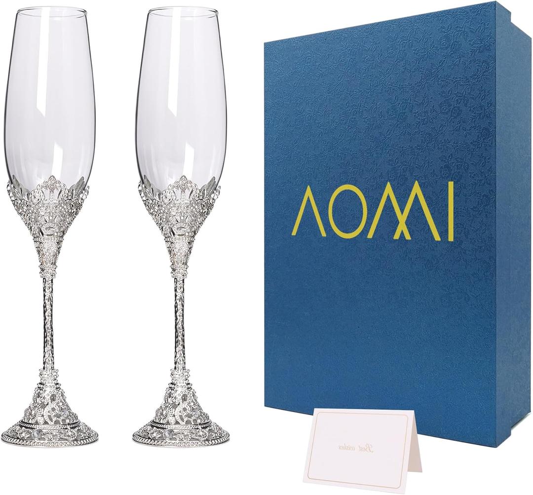 Wedding Champagne Flutes Toasting Glasses, Silver 7oz Toasting Flute Pair Crystal Metal Base with Sparkling Crystals for Wedding Anniversary Party Birthday Banquet and Gift for Bride Groom Giftboxed