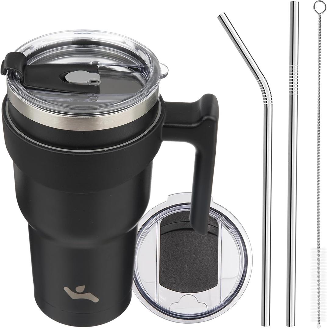 30 oz Tumbler with Handle and 2 Straw 2 Lid, Insulated Water Bottle Stainless Steel Vacuum Cup Reusable Travel Mug, Black