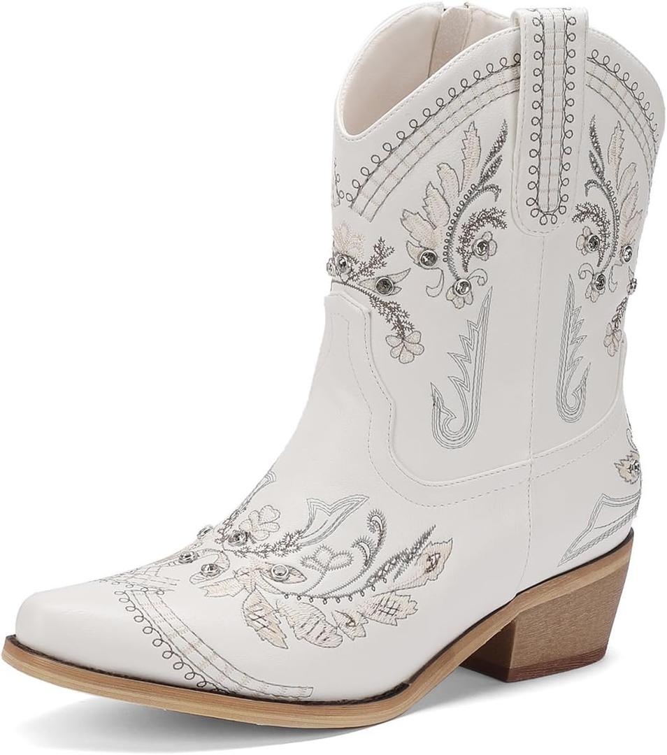 Rhinestone Ankle Cowboy Boots for Women Embroidered Short Cowgirl Boots with Low Heel Side Zipper Comfortable Chunky Heel Western Booties for Prom Party Wedding Pull On Shoes (7.5, White)