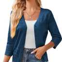 GRACE KARIN Women's Cropped Cardigan 3/4 Sleeve Lightweight Crochet Shrug Hollowed-Out Knit Sweater Tops, Navy Blue, S