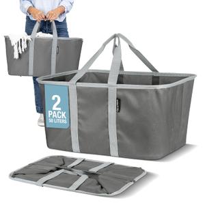 CleverMade Collapsible Laundry Tote 2-Pack (50L) Foldable Carry-All Storage Bin for Laundry, Car Trunk, RV, Dorm & Home Organization - Charcoal