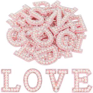 Morcheiong 52Pcs Pearl Rhinestone Letter Patches Self Adhesive A-Z, Stick on Pearl Letter Patches for Clothes, Fabric, Backpack (Pink)