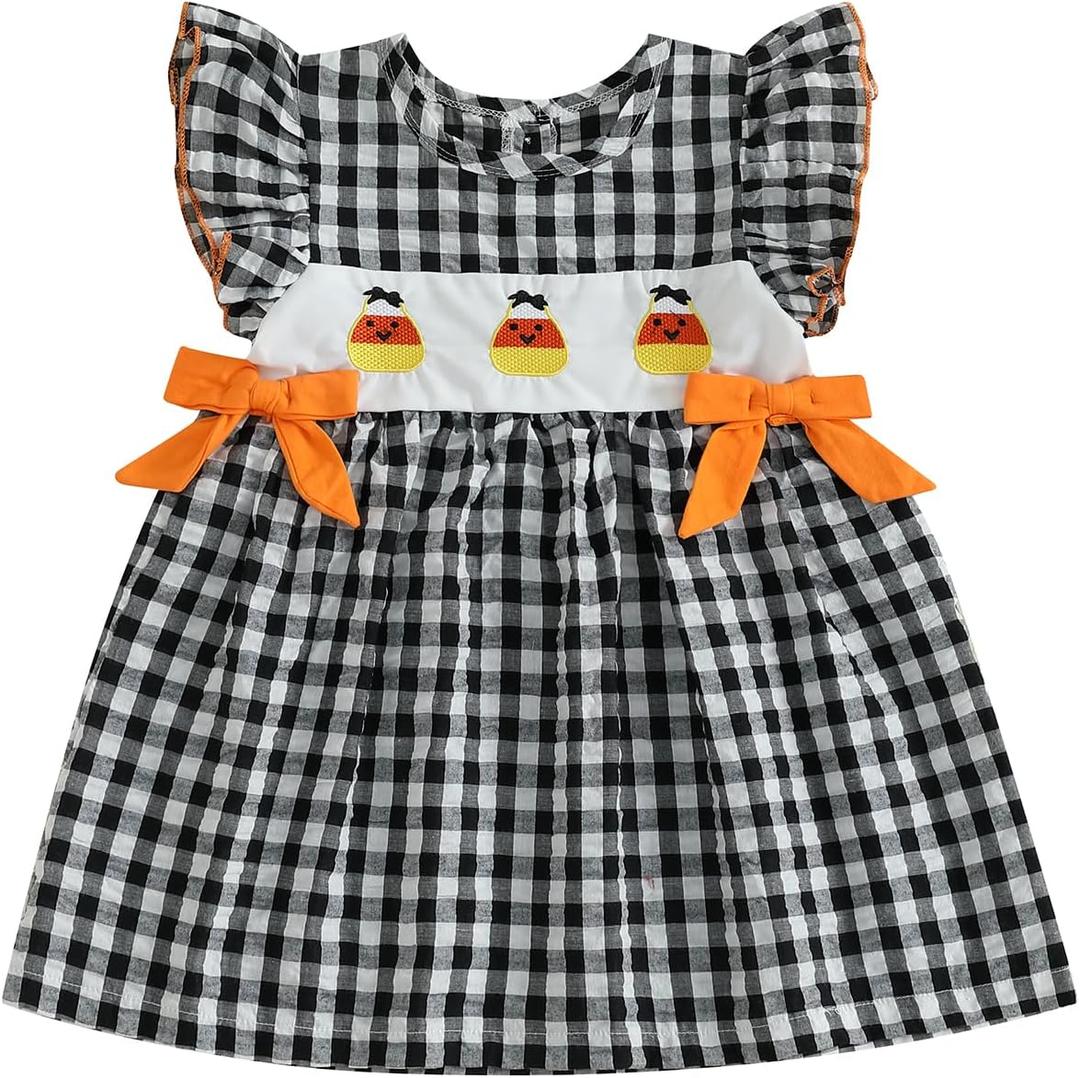 Baby Toddler Girl Halloween Outfit Gingham Pumpkin Embroidered Dress Toddler Fall Halloween Clothes 12M 18M 2T 3T 4T (Black)