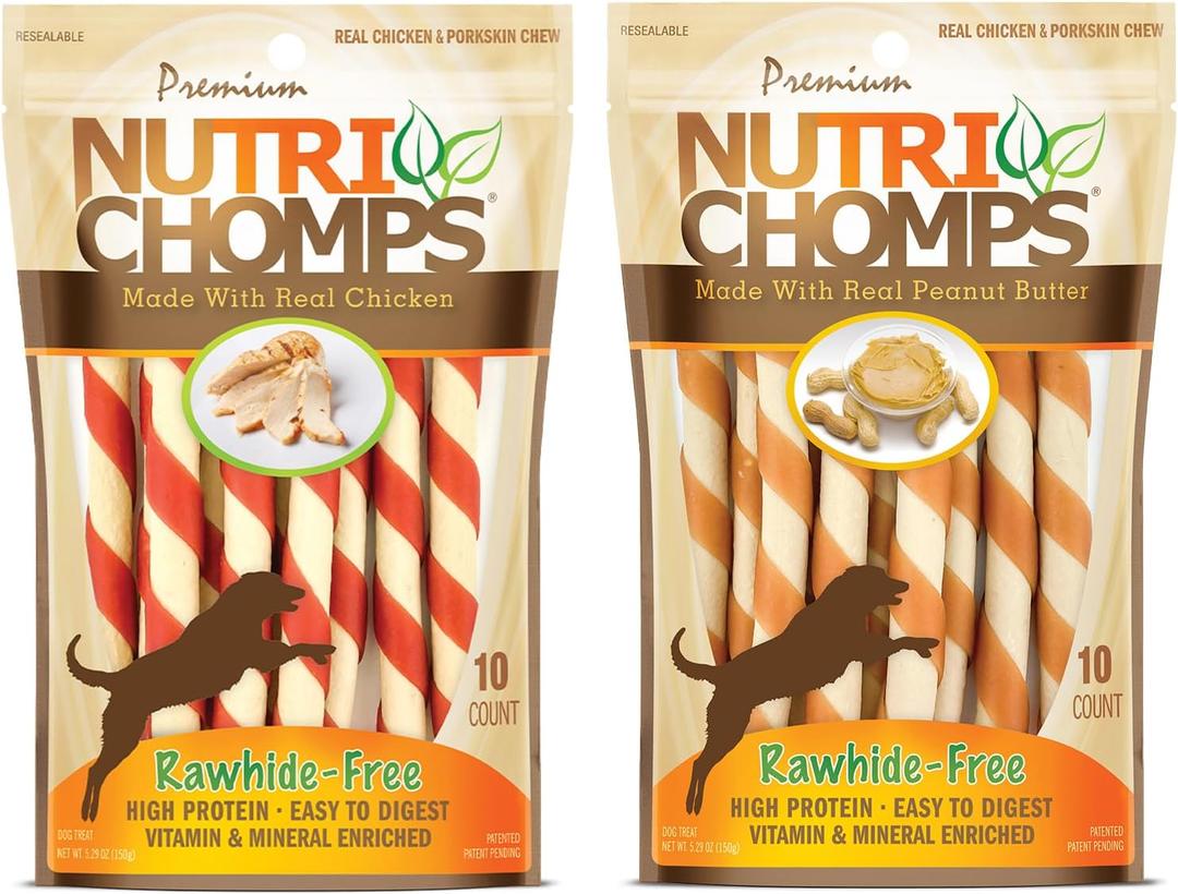 NutriChomps Dog Chews 5-inch Twists, Easy to Digest, Rawhide-Free Dog Treats, Real Peanut Butter Flavor & Real Chicken Flavor (NT112V) - 10 Count (Pack of 2)