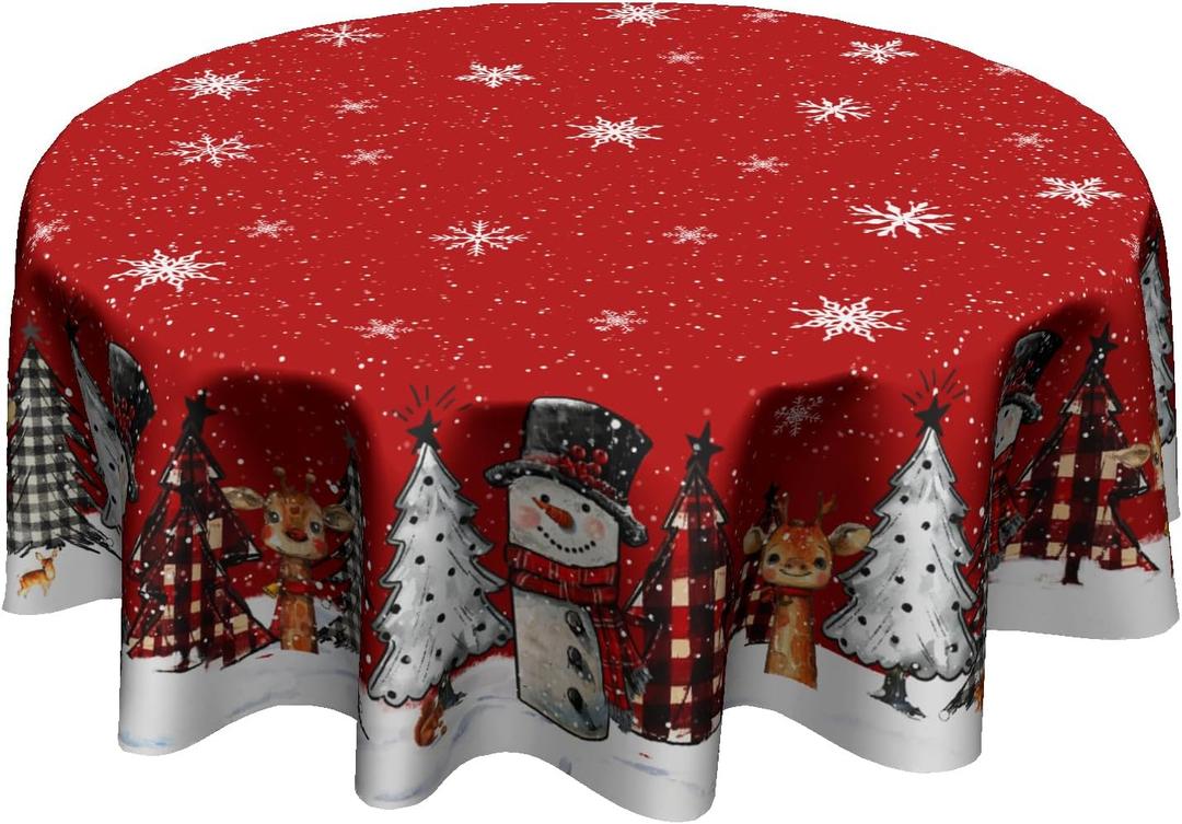 Giwawa Christmas Round Tablecloth 60 Inch,Xmas Snowman Snowflakes Red Farmhouse Reusable Washable Polyester Table Cover for Kitchen Holiday Party Outdoor Dining Room Home Decor Gift