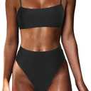 MOSHENGQI Women High Wasited Bikini Shoulder Strap 2 Piece High Cut String Swimsuits (X-Large, Black)