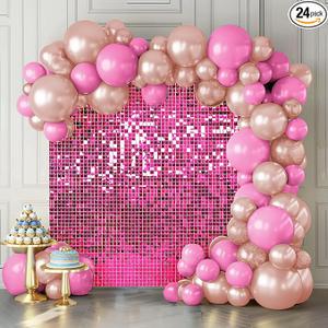 Shimmer Wall Backdrop Iridescent Silver Wall Panels 24Pcs Square Sequin Shimmer Wall Backdrop Decoration for Birthday Party,Wedding, Anniversary, Hot Pink