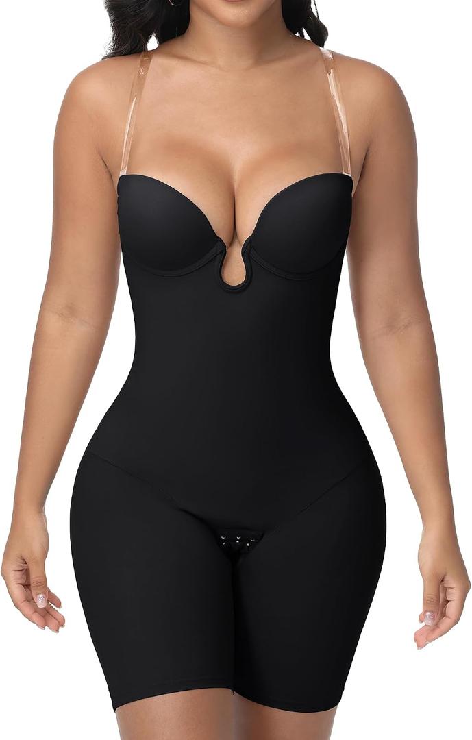 SHAPESHE Backless Shapewear Bodysuit for Women Tummy Control Bodysuit Built-in Bra Low Back Deep Plunge Full Body Shaper (Black, S)