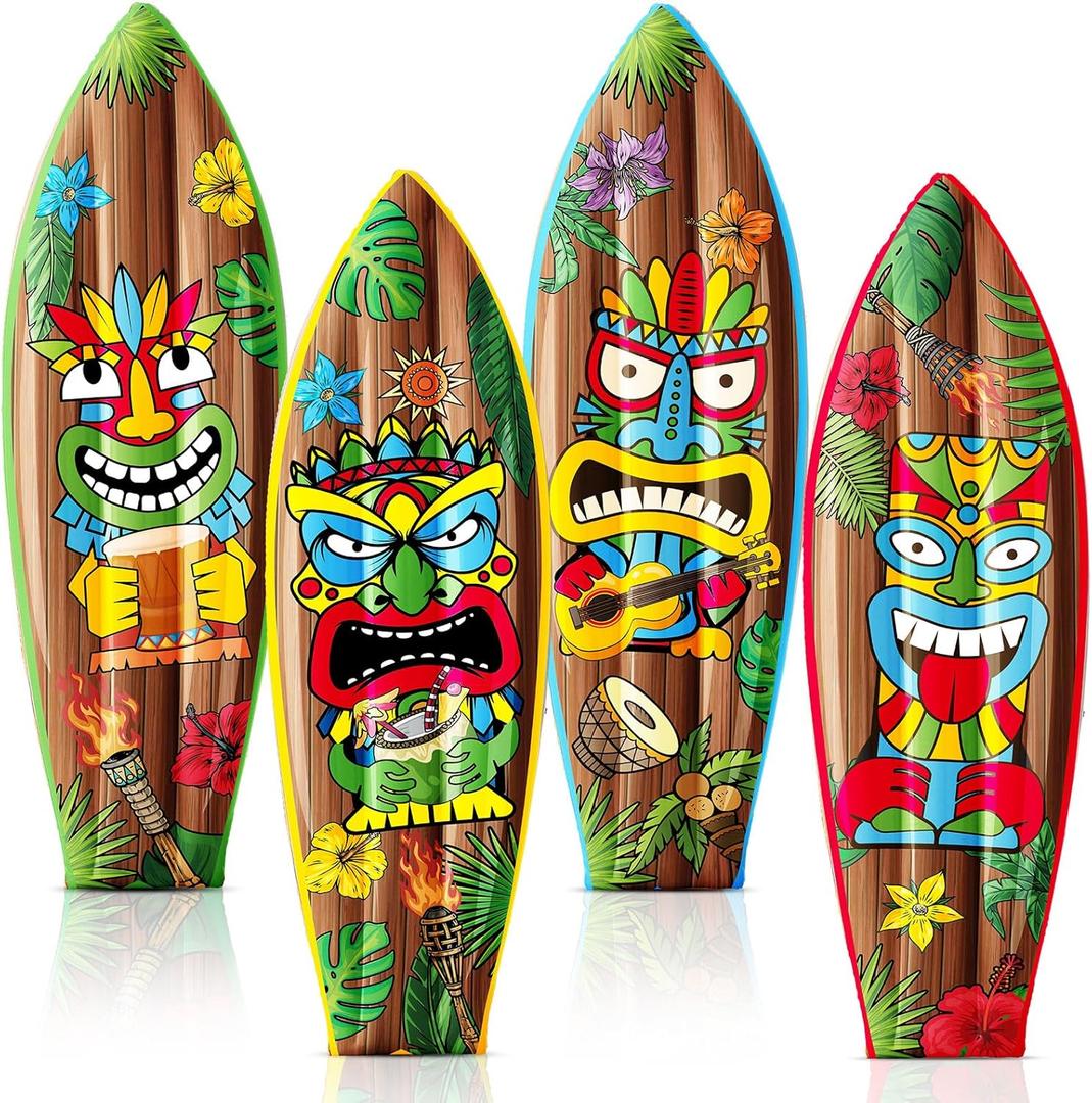 JellyArch 4 Pcs 36 Inch Tiki Inflatable Surf Board Tiki Party Decorations Blow up Surfboard Bar Decorations Inflatable Pool Floats for Hawaiian Luau Tropical Beach Party Supplies Outdoor Decor