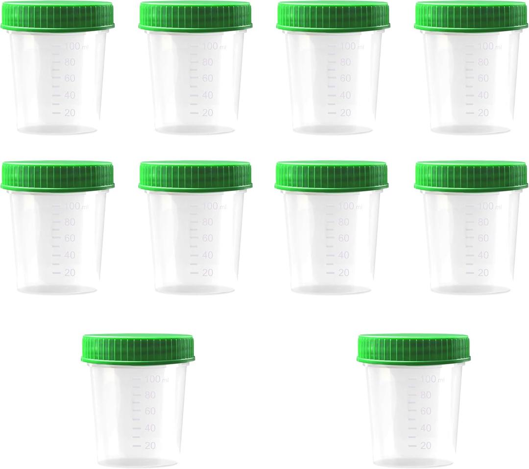 Disposable Specimen Collection Cups with Green Screw Cap  125 ml | Leakproof Urine Sample Container with Graduated Scale for Lab, Travel, and Personal Use - 10 Pack