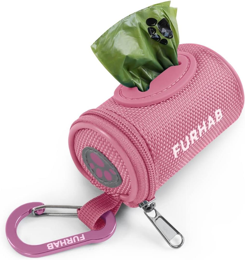 FURHAB Dog Poop Bag Holder for Leash Doggie Waste Bag Dispenser Soft Fabric Puppy Potty Carrier Small Doggy Zipper Pouch with Carabiner Clip 1680D Nylon Oxford with 1 Roll of Pet TrashBags, Pink