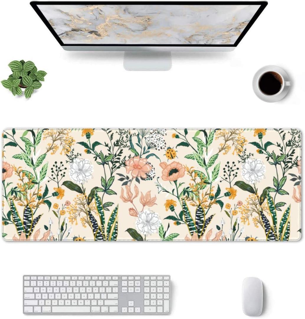 Floral Mouse Pad Stitched Edge Xl Large Mousepad 31.5" X 12" Rubber Base Non Slip Desk Mat For Laptop Pc Computer Gaming