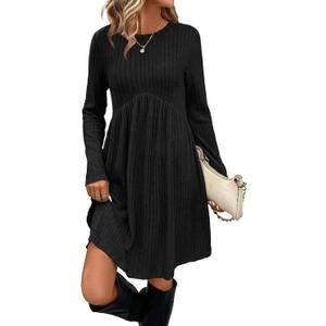 OFEEFAN Long Sleeve Dress for Women Crew Neck Empire Waist Tunic Dress with Pockets (Medium, Black)