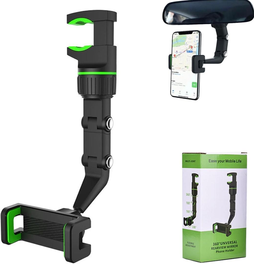 Wool Car Phone Holder, Woolcar Rearview Mirror Phone Holder, Multi-Function Adjustable 360 Universal Mount, Multi-Angle Adjustment Rotatable and Retractable for All Cell Phones and Cars (Green)