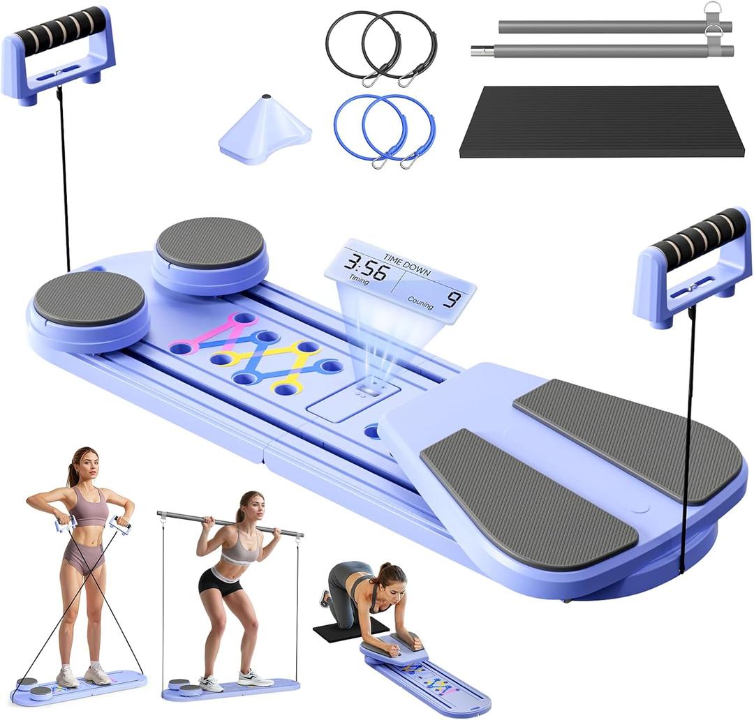Pilates Board - 7 in 1 Pilates Reformer Set, Multifunctional Abdominal Pilates Board for Home Workout Equipment, Portable Foldable Pilates Exercise MachineDouble Elastic Band Pilates Reformer Board