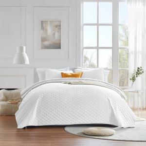 SLEEP ZONE Reversible Quilt Set, Soft Lightweight Coverlet Set for All Season Full/Queen Bedspread 90x96 inch with 2 Pillow Shams, White Grid Pattern