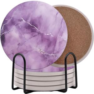 Purple Agate Marble Round Coasters Set of 6 - Abosrbent Ceramic Coasters with Metal Stand for Drinks, Coffee, Non-Slip Cork Back for Tabletop Protection, 4 Inches Marbled Pattern (Marble)
