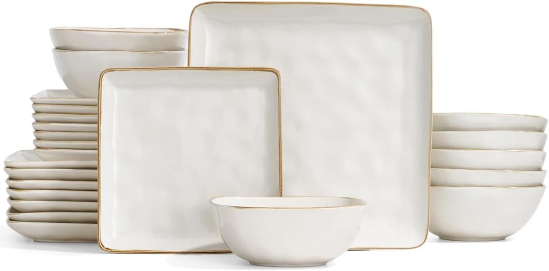 Famiware Dinnerware Sets for 8, Ocean Square 24-Piece Kitchen Plates and Bowls Sets, Microwave and Dishwasher Safe, Scratch Resistant, Vanilla White