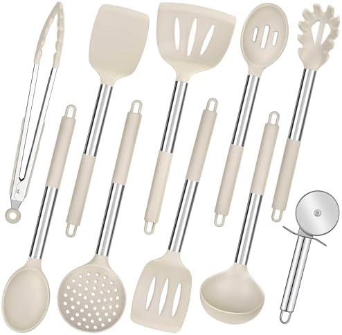 Kitchen Utensils Set of 10, P&P CHEF Heat-resistant Silicone Cooking Utensil with Stainless Steel Handle, Include Turner,Spatula,Spoon,Tong,Pizza Cutter, Dishwasher Safe, Khaki