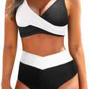Aqua Eve Women High Waisted Bikini Twist Front Swimsuits Lace up Bikini Tops Ruched Push up 2 Piece Bathing Suits (Large, Black and White Splicing)