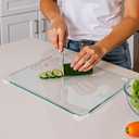Tempered Glass Cutting Board Set, Large 12x16 Glass Cutting Board for Kitchen with 4 Non-Slip Feet, Heat & Shatter Resistant, Dishwasher Safe, Includes Bonus Sponge & Cloth,Perfect Kitchen Gift-Clear