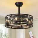 Crystal Caged Ceiling Fan with Light, 19'' Vintage Black Bladeless Fandelier Ceiling Fan with Remote, Low Profile Farmhouse Ceiling Fan for Bedroom Kitchen Living Room