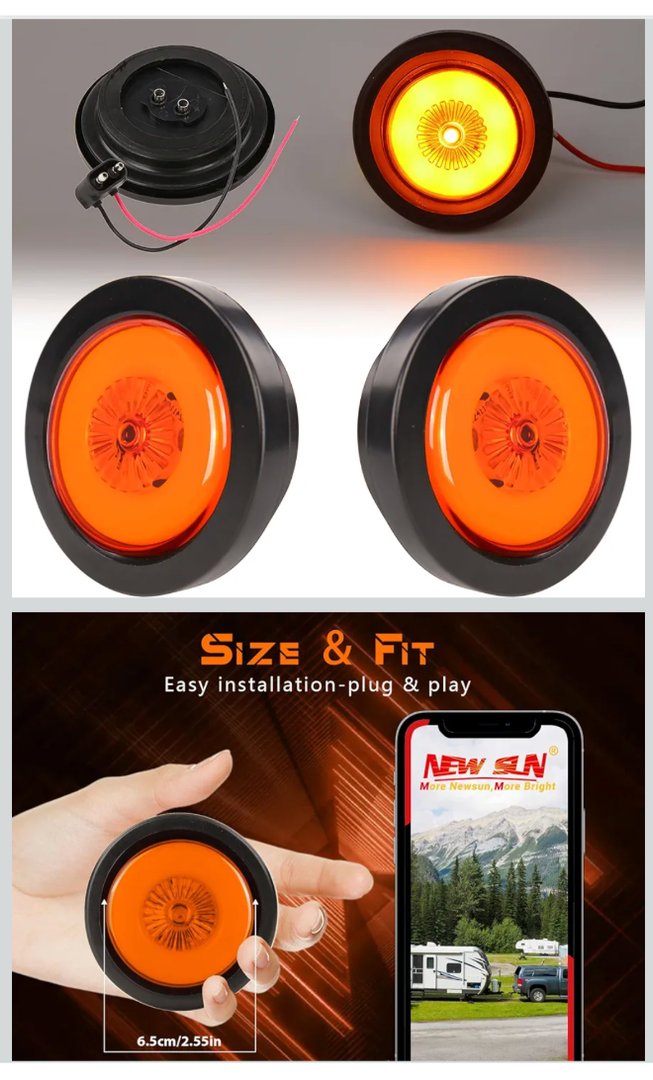 NEW SUN 2-Pack 2.5 Inch Round Amber LED Trailer Marker Lights - IP67 Waterproof, Halo & Neon Design with Soft Rubber Grommet Flush Mount for Utility Trailer, Truck, Camper, RV, Boat